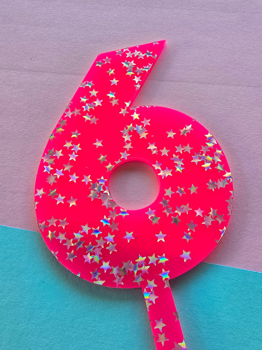 Number 6 Cake topper 9cm tall - hot pink with silver stars