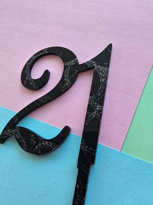 Number 21 black fancy silver  cake topper Approx 8cm tall