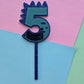 5 Dinosaur Cake Topper 10cm tall (7cm wide) blue mirror on blue glitter