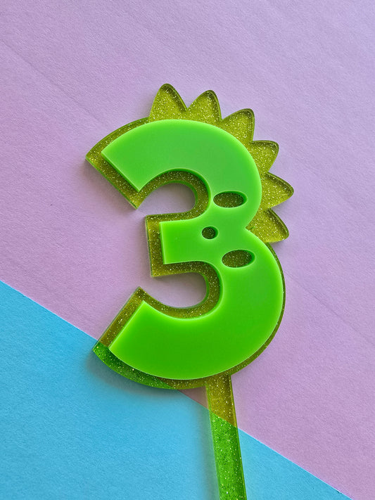 3 Dinosaur Cake Topper 10cm tall (7cm wide) neon green on jelly glitter green