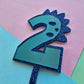 2 Dinosaur Cake Topper 10cm tall (7cm wide) blue mirror on blue glitter