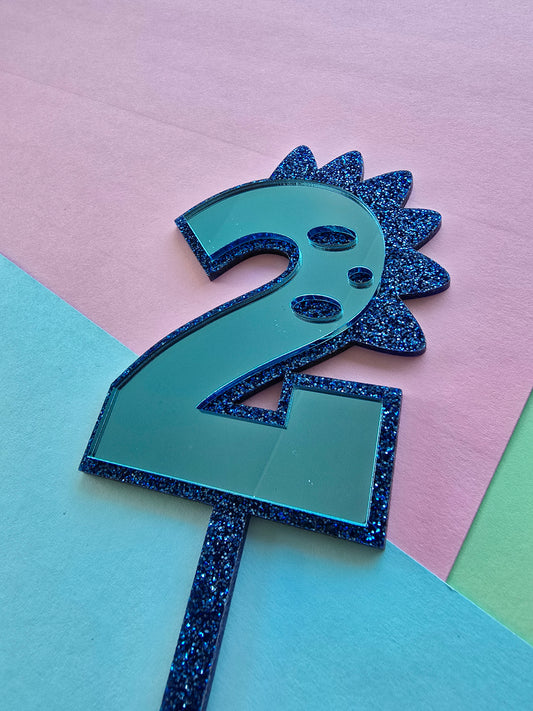 2 Dinosaur Cake Topper 10cm tall (7cm wide) blue mirror on blue glitter