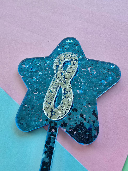 Glitter star cake topper 8 - silver on blue hex glitter
