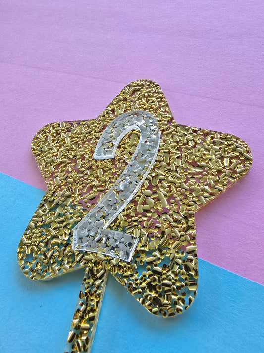 Glitter star cake topper 2 - silver on gold hex glitter