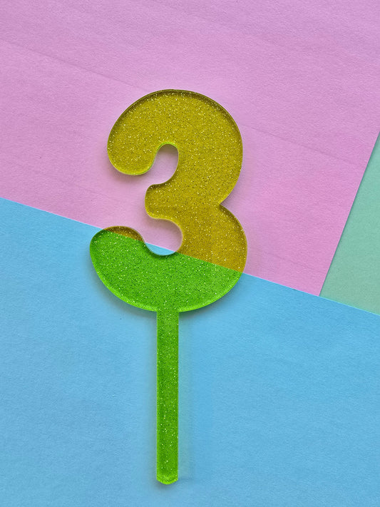 Number 3 Cake topper 10cmx7cm green jelly glitter