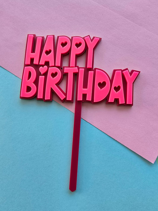 HAPPY BIRTHDAY Topper hot pink on dark pink with hearts - CLEARANCE