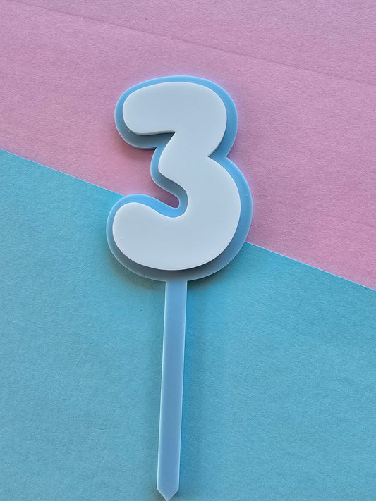 3 Cake Topper white on blue 7.5cm x 5cm