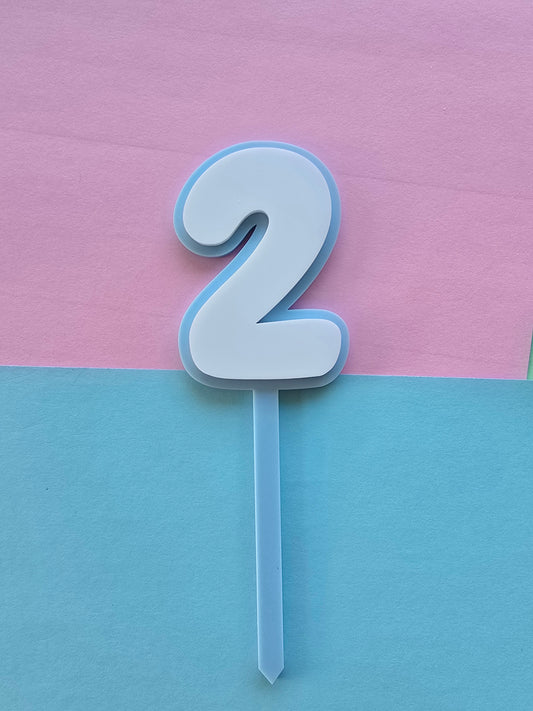 2 Cake Topper white on blue 7.5cm x 5cm