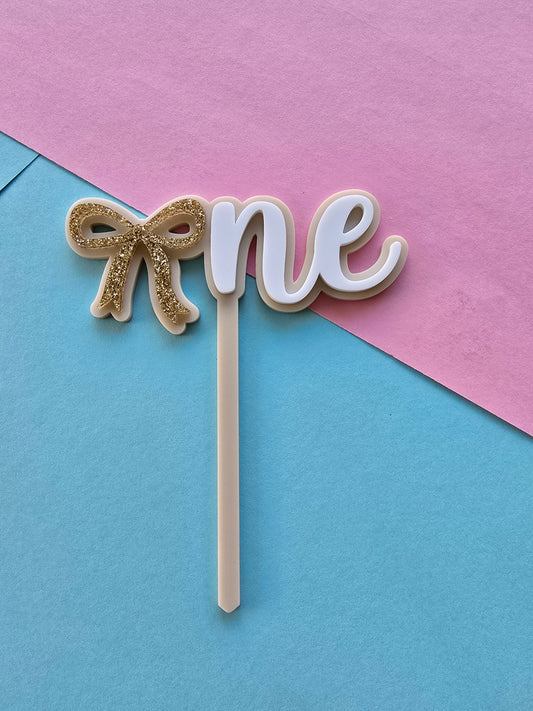 One Bow Topper beige gold glitter bow - CLEARANCE