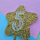 Glitter star cake topper 5 - silver on gold hex glitter