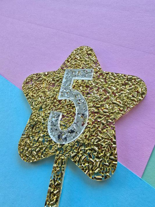 Glitter star cake topper 5 - silver on gold hex glitter