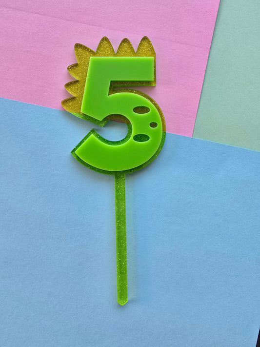 5 Dinosaur Cake Topper 10cm tall (7cm wide) neon green on jelly glitter green